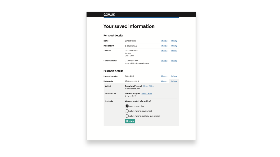 A settings page for a cross-government account.