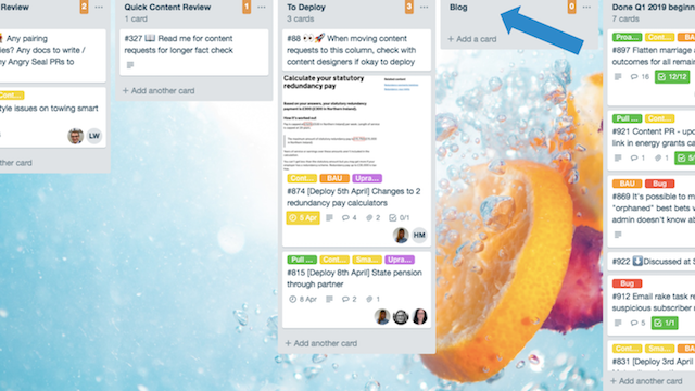 A 'Blog' column on a kanban board