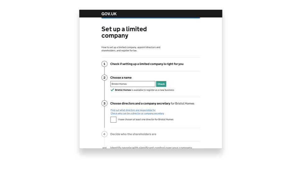 A step-by-step pattern allowing a user to set up a limited company and register for Corporation Tax in one flow.