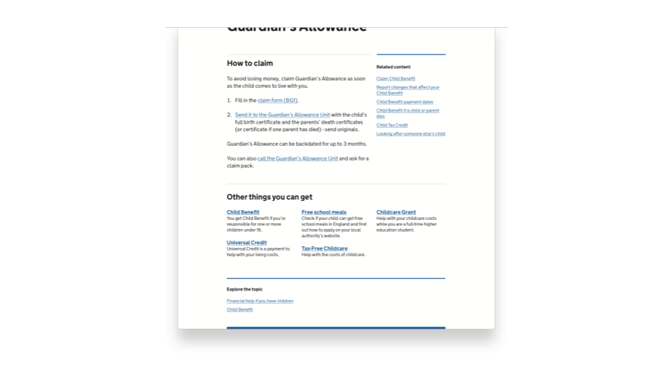 A page describing how to apply for Guardian’s Allowance, with other benefits like Child Benefit and free school meals shown too.