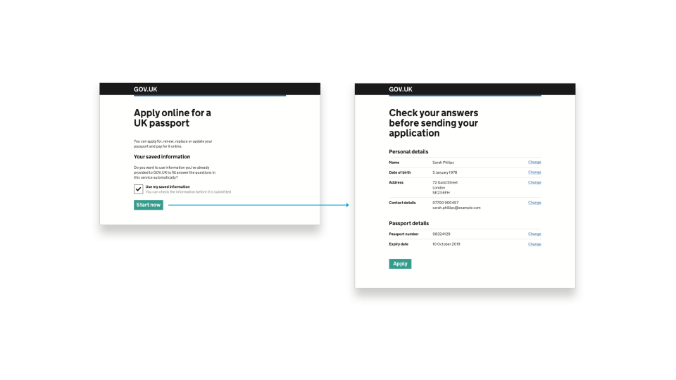When applying for a passport, a user is given the option to re-use information they’ve already shared with government.